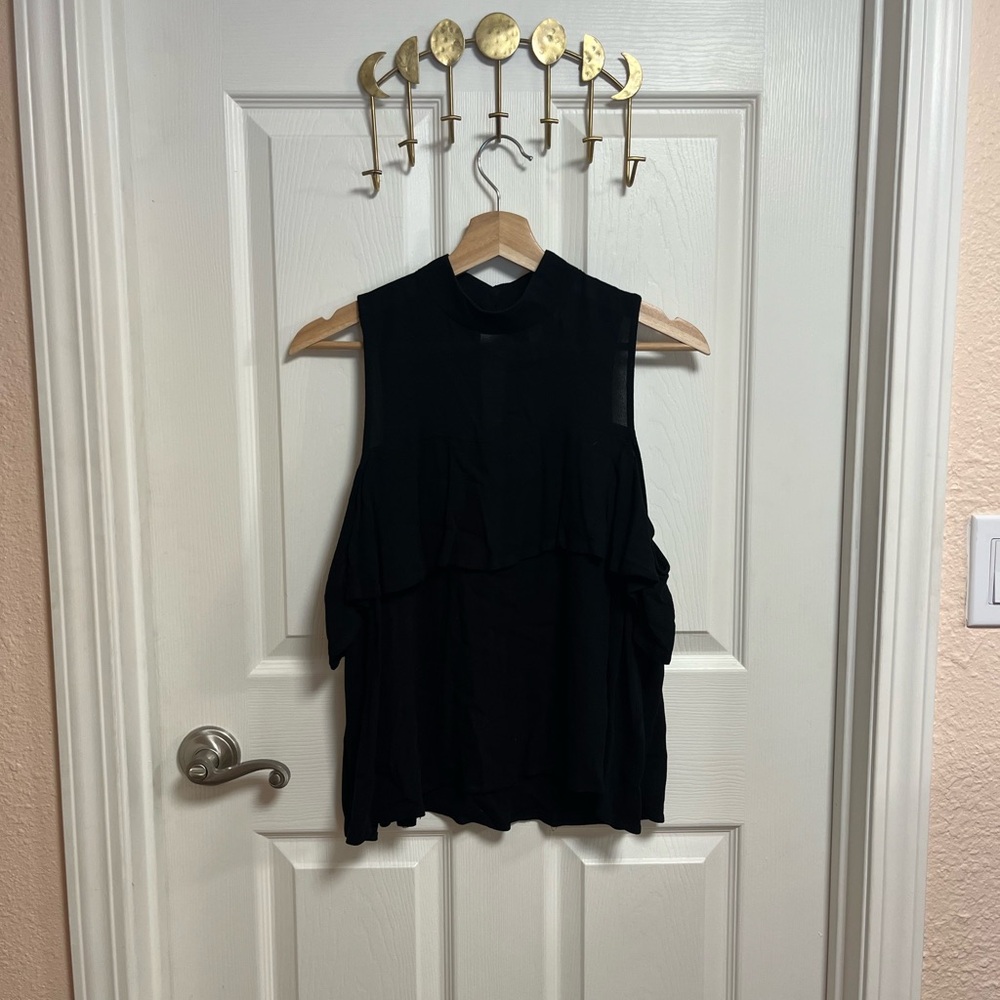 BP Black Ruffle Tank Top with Mandarin Collar